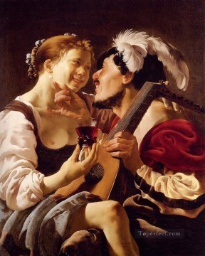 seated man holding a branch Painting - A Luteplayer Carousing With A Young Woman Holding A Roemer Dutch painter Hendrick ter Brugghen